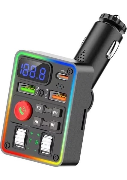 Rgb Renkli Fm Transmitter Mp3 Çalar Bluetooth 5.3 Hızlı Şarj Aleti Çakmaklık (Bass Kontrollü)