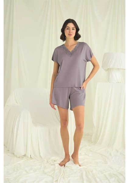 Monamise Kısa Kollu Dantelli V Yaka Şort Takımı fırsatları