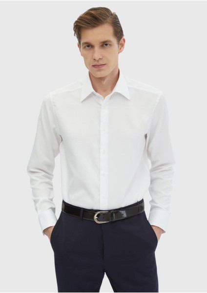 Beyaz Düz Regular Fit Dokuma Klasik %100 Pamuk Gömlek