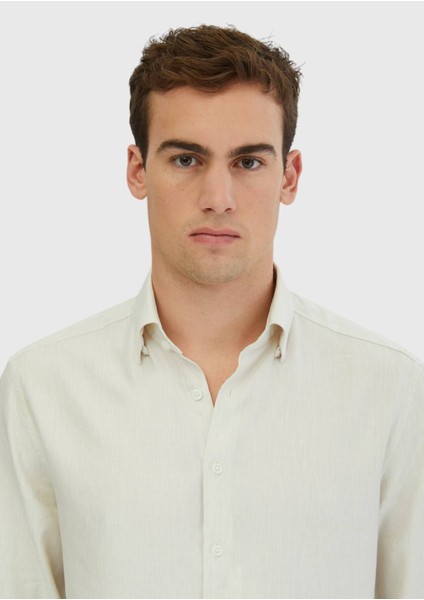 Ekru Çizgili Casual Fit Dokuma Casual Pamuk Karışımlı Gömlek fiyatları