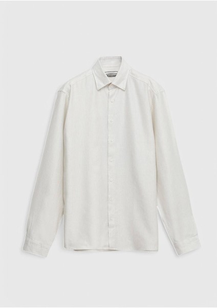 Ekru Çizgili Casual Fit Dokuma Casual Pamuk Karışımlı Gömlek indirimleri