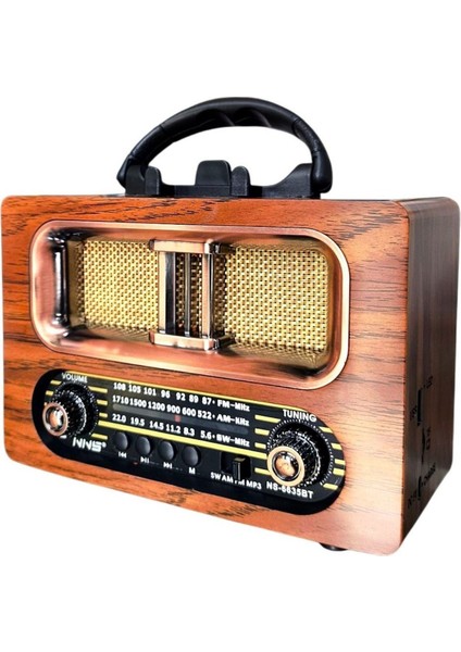 Büyük Boy Retro, Nostaljik, Ahşap Tasarım Bluetooth Hoparlörlü, Şarjlı, Taşınabilir Fm/am Destekli Radyo NS-6635 (5256)