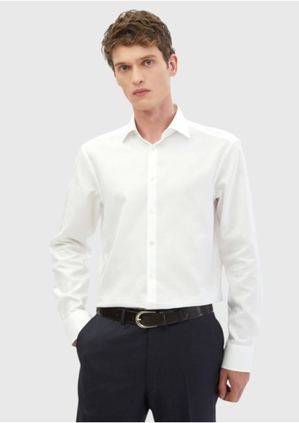 Beyaz Düz Regular Fit Dokuma Klasik %100 Pamuk Gömlek