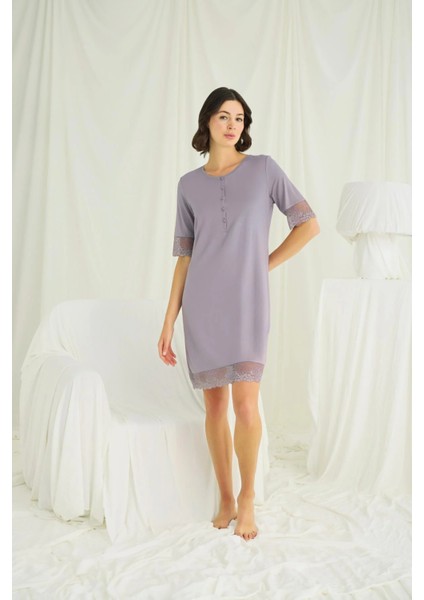 Monamise Dantel Detaylı Kısa Kollu ve Önü Düğmeli Gecelik