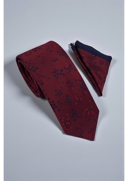 Çiçekli Bordo Kravat & Mendil