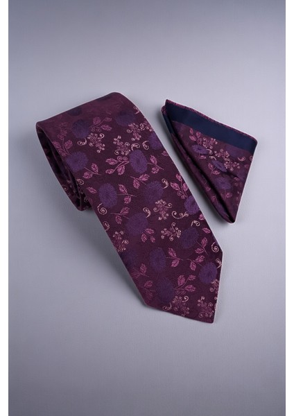 Çiçekli Mor Kravat & Mendil