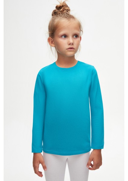 Koyu Turkuaz Basic Unisex Çocuk Mevsimlik Sıfır Yaka Uzun Kollu Tişört fiyatları