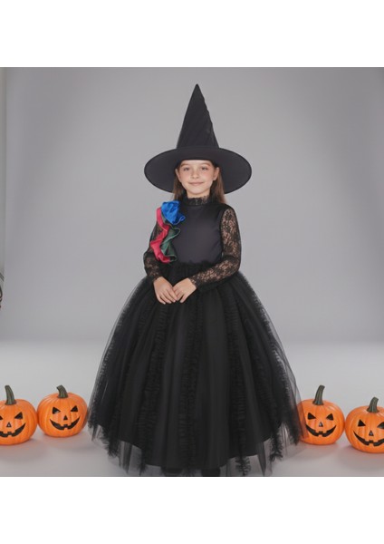 Cadı Kostümü Tarlatanlı Kız Çocuk Için – Halloween Elbise ve Şapka