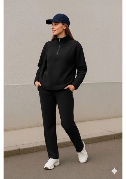 Kadın Balıkçı Yaka Fermuar Detay Polar Sweat ve Pantolon Ikili Takım
