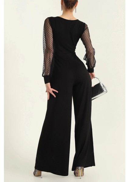 Kadın Derin V Yaka Kolları Puantiyeli Tül Detay Ispanyol Paça Tulum fiyatları