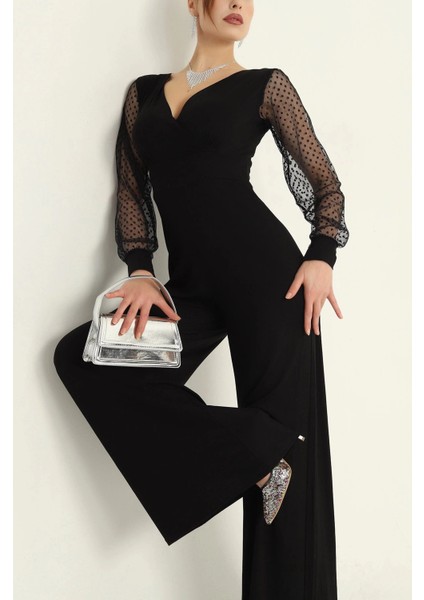 Kadın Derin V Yaka Kolları Puantiyeli Tül Detay Ispanyol Paça Tulum indirimleri