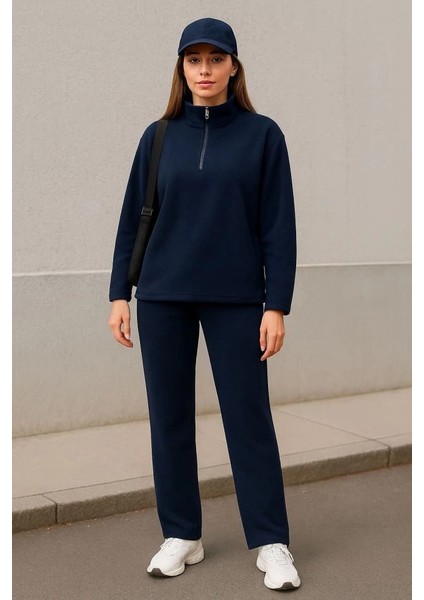 Kadın Balıkçı Yaka Fermuar Detay Polar Sweat ve Pantolon Ikili Takım modelleri