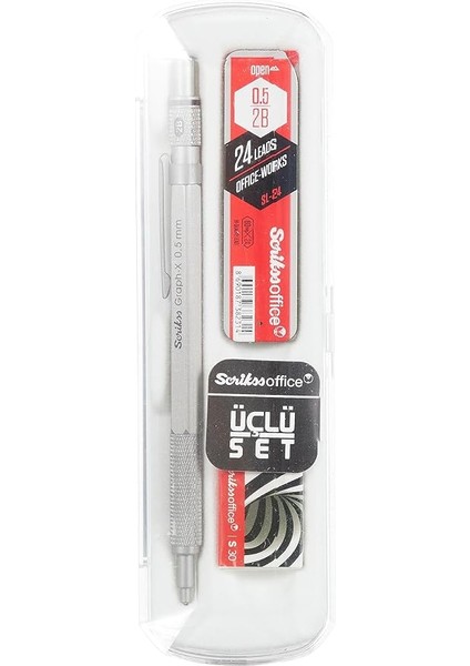 Office Graphx 3'lü Set Mekanik Kurşun Kalem Silgi Min Kurşun Gri 0.5 mm