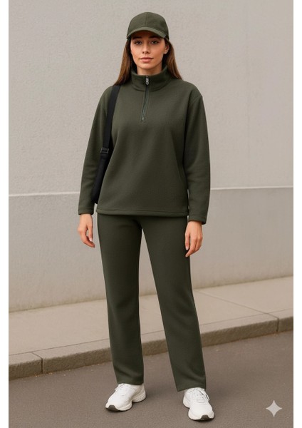 Kadın Balıkçı Yaka Fermuar Detay Polar Sweat ve Pantolon Ikili Takım
