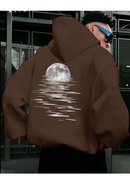 Punıx Büyük Beden Özel Tasarım Ayın Yansıması Baskılı Rahat Kalıp Kışlık Kalın Erkek Sweatshırt