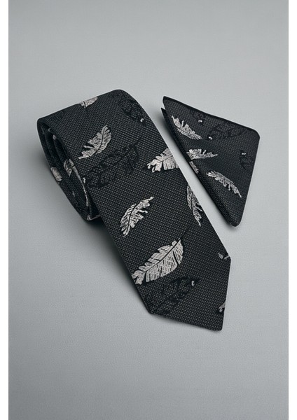 Tüy Desen Gri Kravat & Mendil