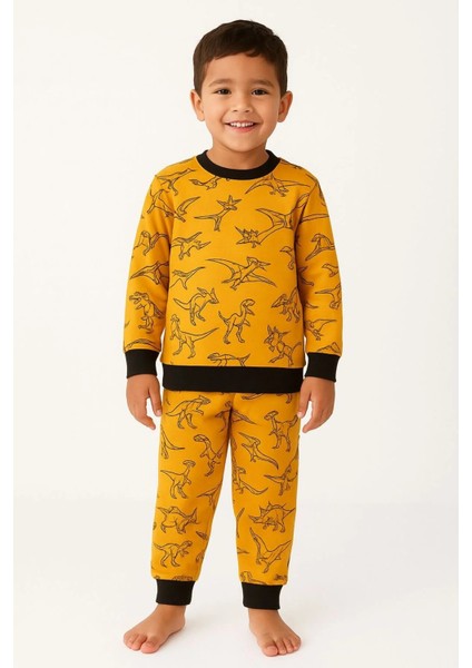 Erkek Çocuk Sarı Dinazor Desenli Pamuklu Eşofman Takımı
