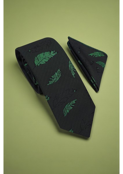 Tüy Desen Yeşil Kravat & Mendil