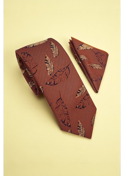 Tüy Desen Turuncu Kravat & Mendil