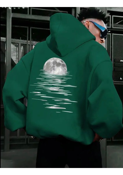 Punıx Büyük Beden Özel Tasarım Ayın Yansıması Baskılı Rahat Kalıp Kışlık Kalın Erkek Sweatshırt