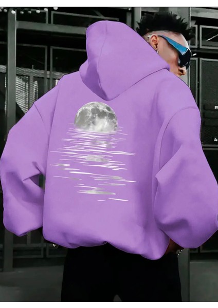 Punıx Büyük Beden Özel Tasarım Ayın Yansıması Baskılı Rahat Kalıp Kışlık Kalın Erkek Sweatshırt