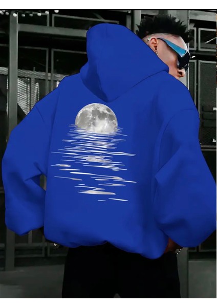 Punıx Büyük Beden Özel Tasarım Ayın Yansıması Baskılı Rahat Kalıp Kışlık Kalın Erkek Sweatshırt