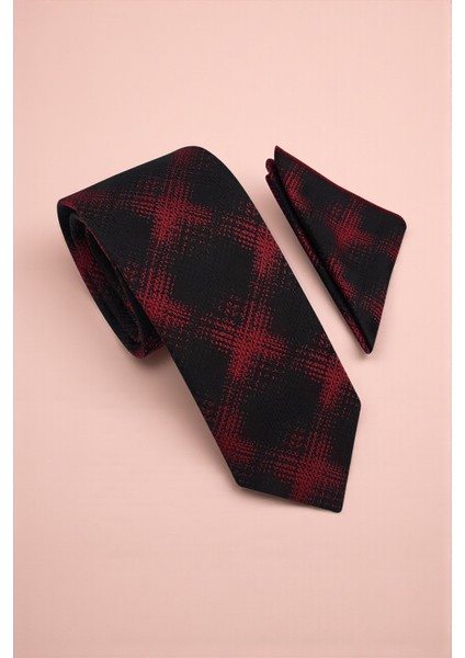 Ekose Kırmızı Kravat & Mendil