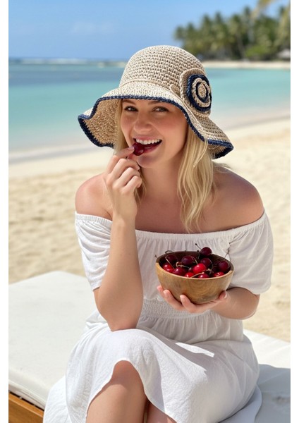 El Örgüsü Çiçekli Pudra Hasır Şapka 14520