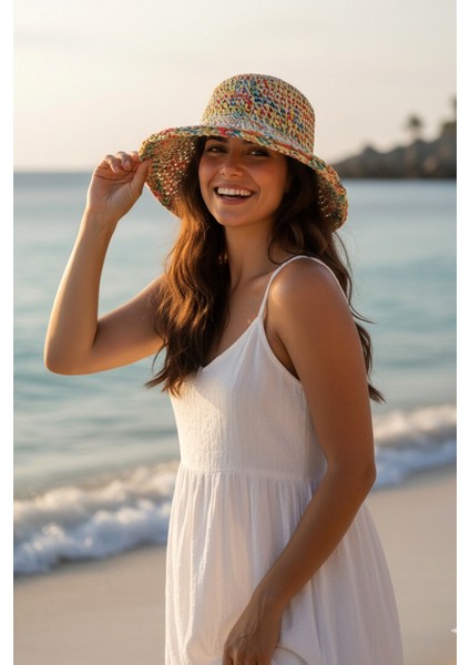 Renkli El Örgüsü Bej Hasır Şapka 14399