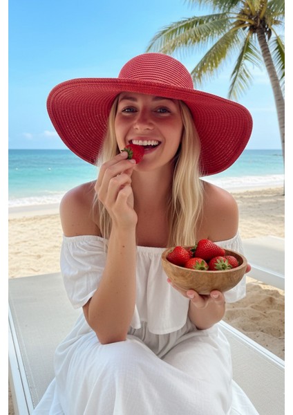 Geniş Hasır Şapka Kırmızı 14232