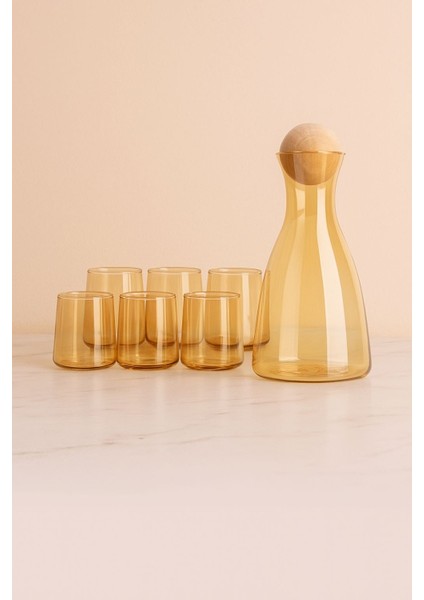 Lüks Amber Renk Cam Karaf Seti 6'lı Kısa Su Bardağı ile - Ev Dekorasyonu ve Sunum