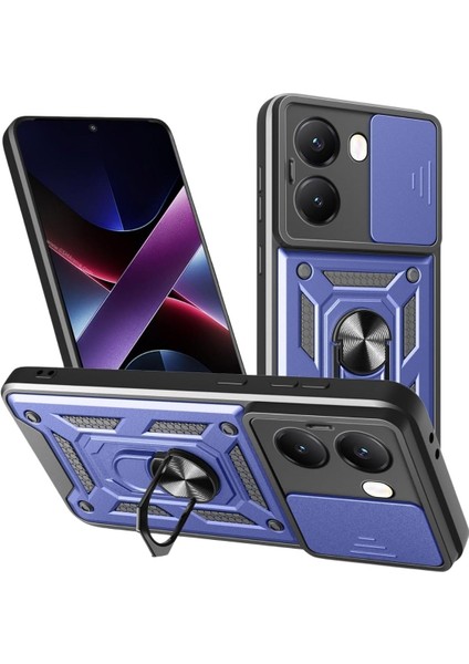 Poco X7 Pro Uyumlu Tank Kılıf Yüzüklü Standlı Extra Darbe Koruma Zırhlı Outdoor Kapak - Lacivert