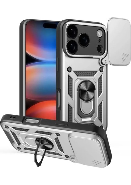 Apple iPhone 17 Pro Max Uyumlu Tank Kılıf Yüzüklü Standlı Extra Darbe Koruma Zırhlı Outdoor Kapak - Gri