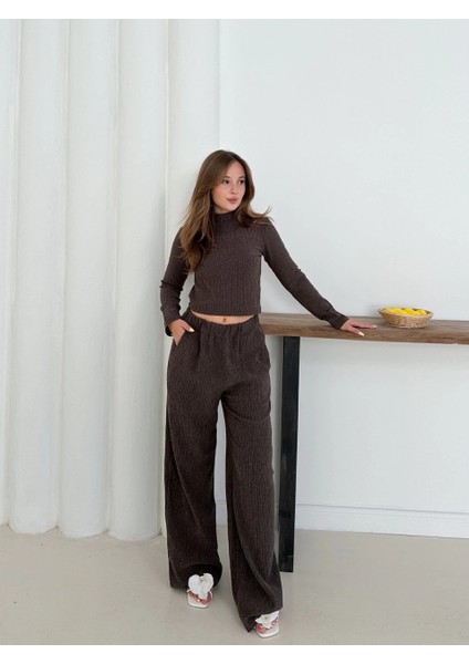 Balıkçı Yaka Örme Takım Kahve ST265865