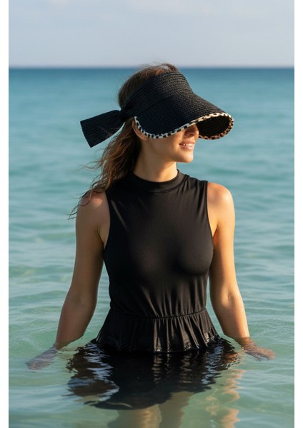 Siyah Leopar Desen Detaylı Hasır Vizör Şapka 14624