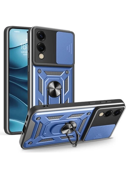 Samsung Galaxy S25 Edge Uyumlu Tank Kılıf Yüzüklü Standlı Extra Darbe Koruma Zırhlı Outdoor Kapak - Lacivert