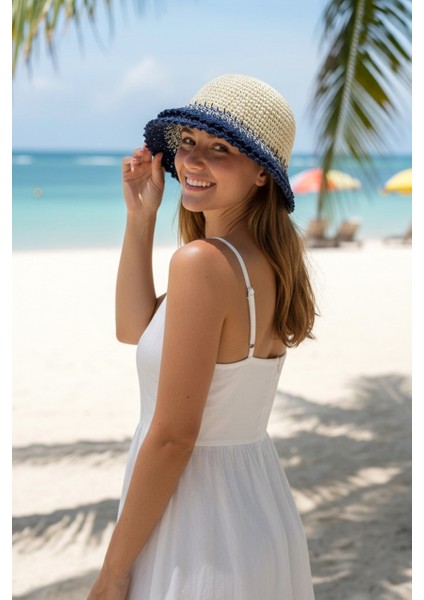 El Örgüsü Bej Lacivert Hasır Şapka 14404