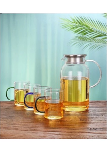 Borosilikat Cam Sürahi ve 4'lü Fincan Seti