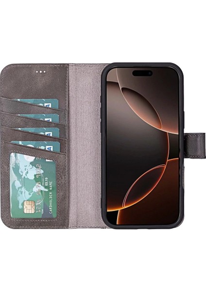 Apple iPhone 16 Pro Uyumlu, Hakiki Deri, El Yapımı, Cüzdanlı Kılıf, Gölgeli Gri fiyatları