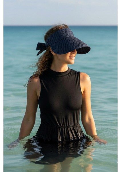 Fiyonklu Hasır Vizör Şapka Lacivert 14624