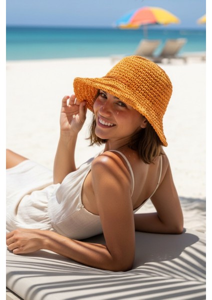 El Örgüsü Turuncu Hasır Şapka 14399