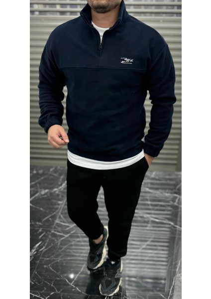 Erkek Nakışlı Polar Sweatshirt Dik Yaka Yarım Fermuar Beli Lastikli