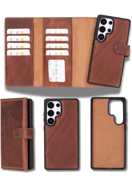 Samsung Galaxy S25 Ultra Uyumlu, Hakiki Deri, El Yapımı, Cüzdanlı Kılıf, Antik Kahve
