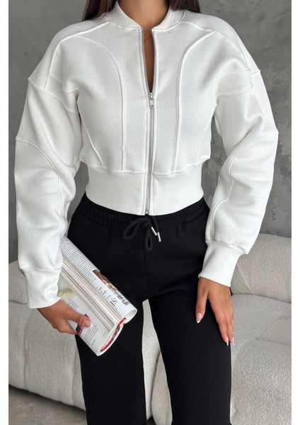 Kadın Fermuarlı Fit Cropped Sweatshirt – Sportif & Şehirli Stil