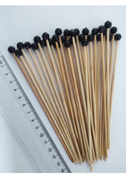 15 cm Uzun Kürdan - 30 Adet Dekoratif Siyah Disko Topu Boncuklu Kokteyl Kürdanı