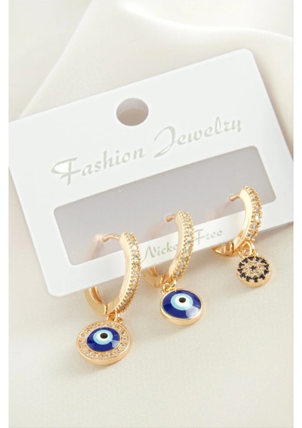 3 Adet Nazar Zirkon Taşlı Küpe