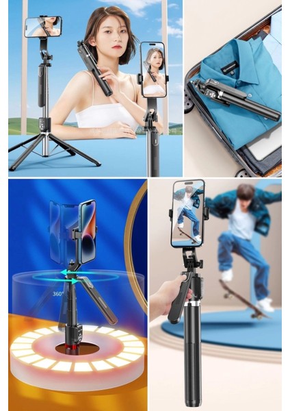 Kumandalı 360 Derece Dönebilen Cep Telefonu ve Kamera Tripodu 2.2m Uzayabilen Selfie Çubuğu