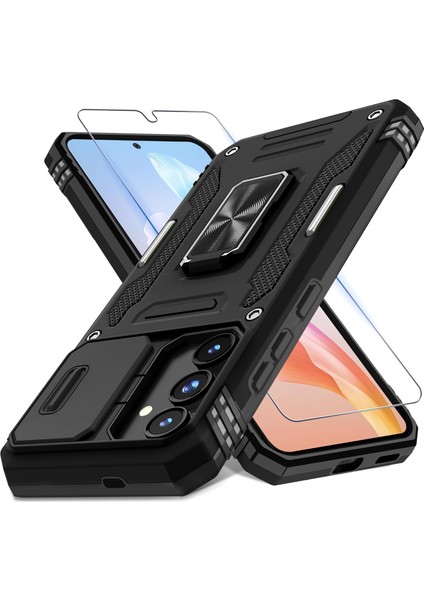 Samsung Galaxy S25 Fe Uyumlu Ekran Koruyuculu Kılıf Sürgülü Yüzüklü Standlı Darbe Emici Tank Kapak