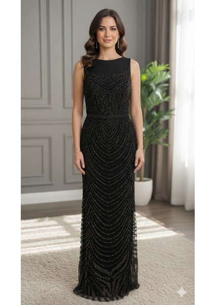 Yeni Sezon Siyah Taş Işlemeli Şık Davet Elbisesi Abiye Elbise