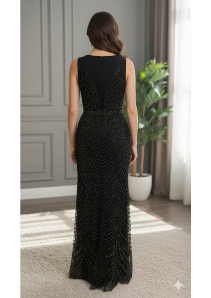 Yeni Sezon Siyah Taş Işlemeli Şık Davet Elbisesi Abiye Elbise fırsatları